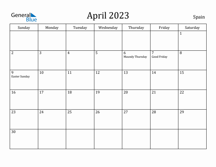 April 2023 Monthly Calendar with Spain Holidays