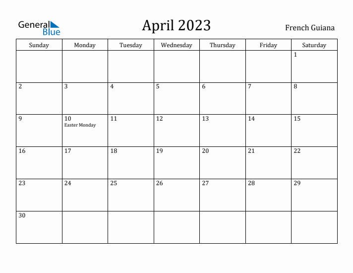 April 2023 Calendar French Guiana