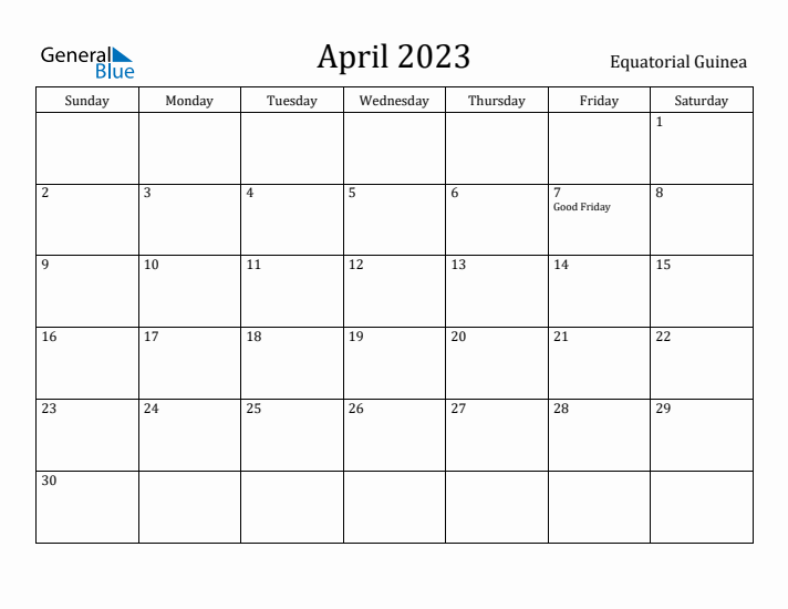 April 2023 Calendar Equatorial Guinea