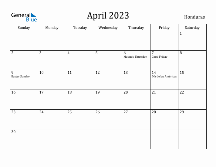 April 2023 Calendar Honduras