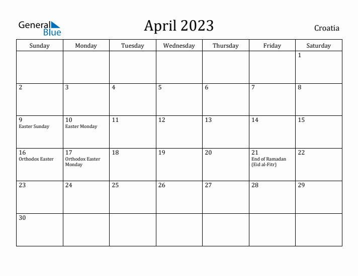 April 2023 Calendar Croatia