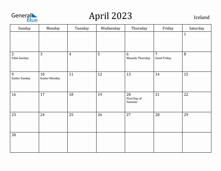 April 2023 Calendar Iceland