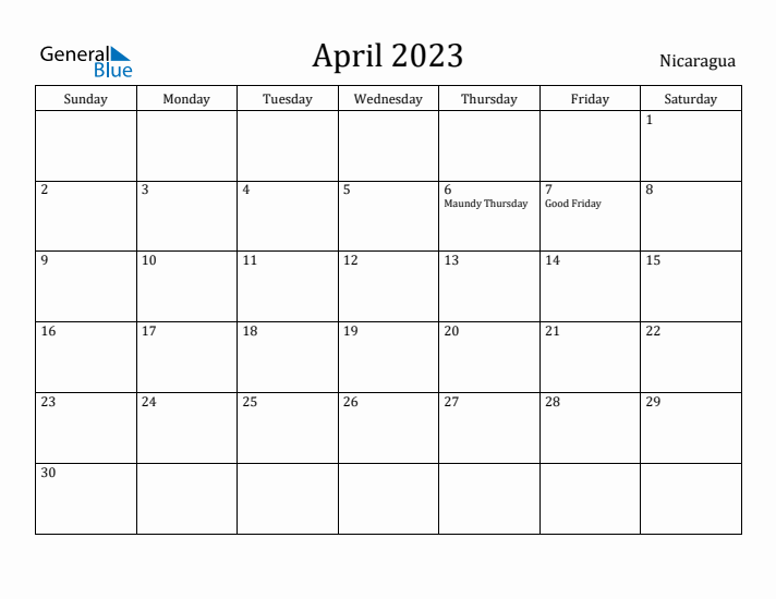 April 2023 Calendar Nicaragua