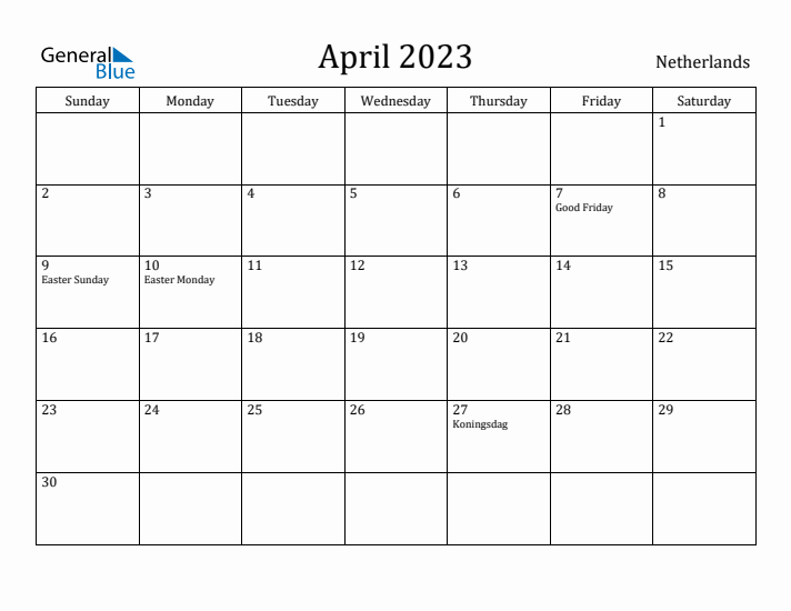 April 2023 Calendar The Netherlands