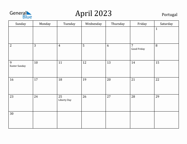 April 2023 Calendar Portugal