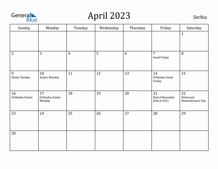 April 2023 Calendar Serbia