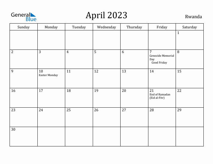 April 2023 Calendar Rwanda