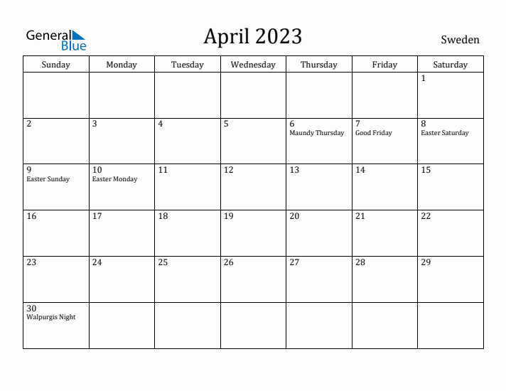 April 2023 Calendar Sweden