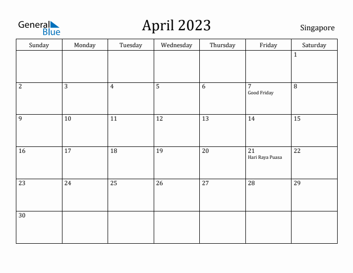 April 2023 Calendar Singapore