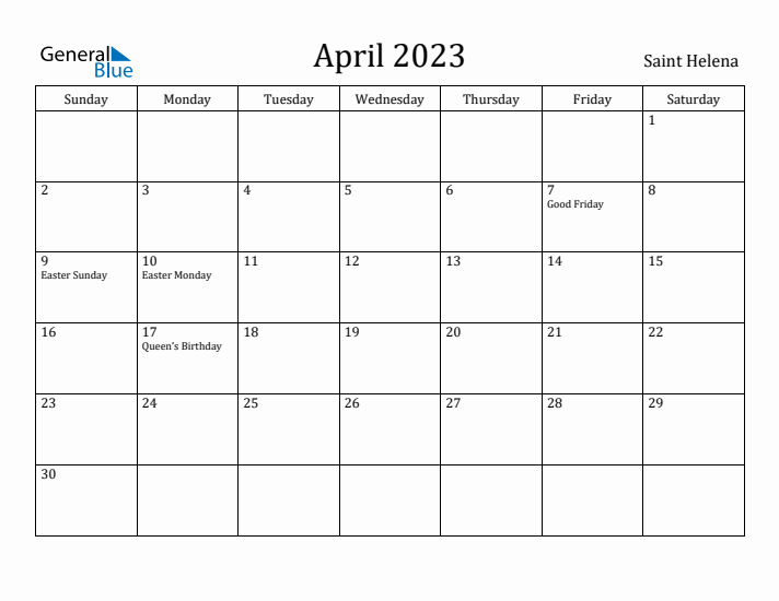 April 2023 Calendar Saint Helena