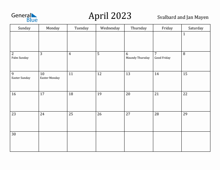 April 2023 Calendar Svalbard and Jan Mayen
