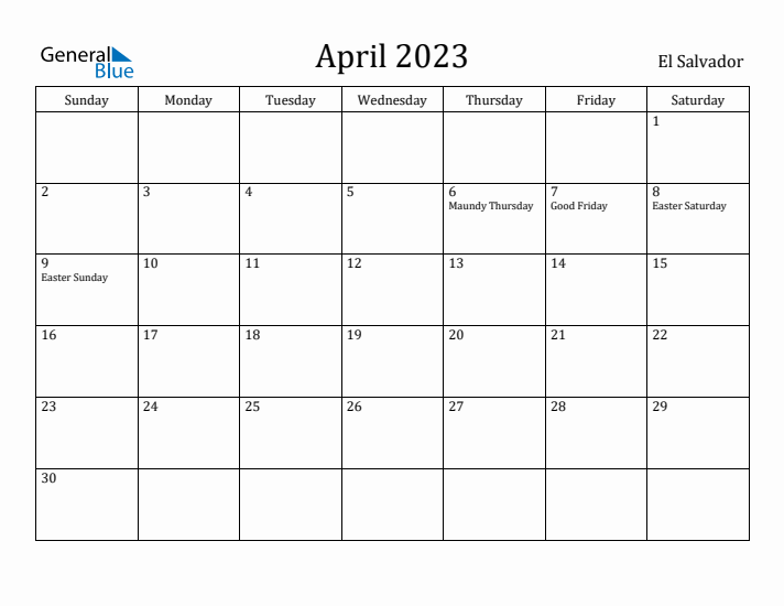 April 2023 Calendar El Salvador
