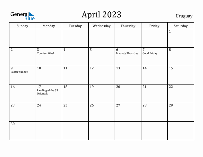 April 2023 Calendar Uruguay