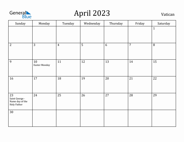 April 2023 Calendar Vatican