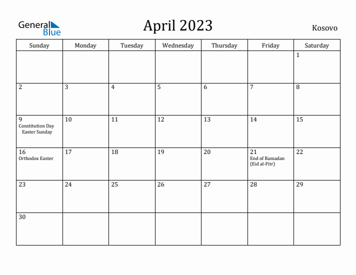 April 2023 Calendar Kosovo