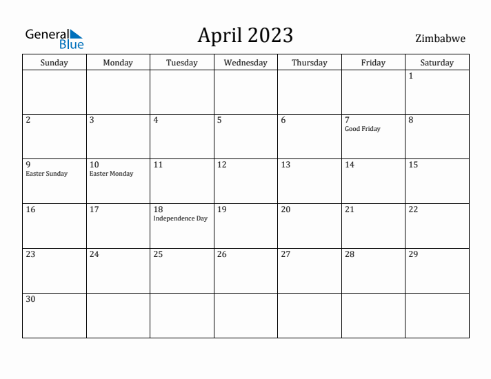 April 2023 Calendar Zimbabwe