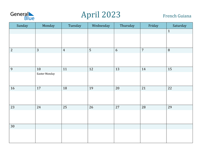 April 2023 Calendar With French Guiana Holidays