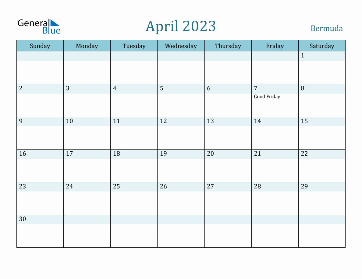 Bermuda Holiday Calendar for April 2023