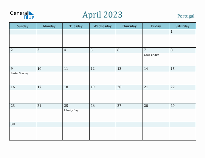 April 2023 Monthly Calendar with Portugal Holidays