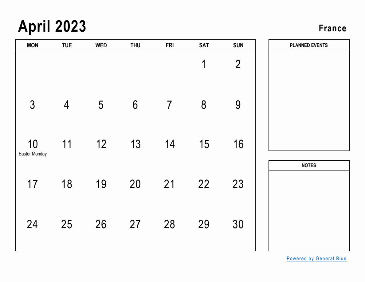 April 2023 Planner with France Holidays