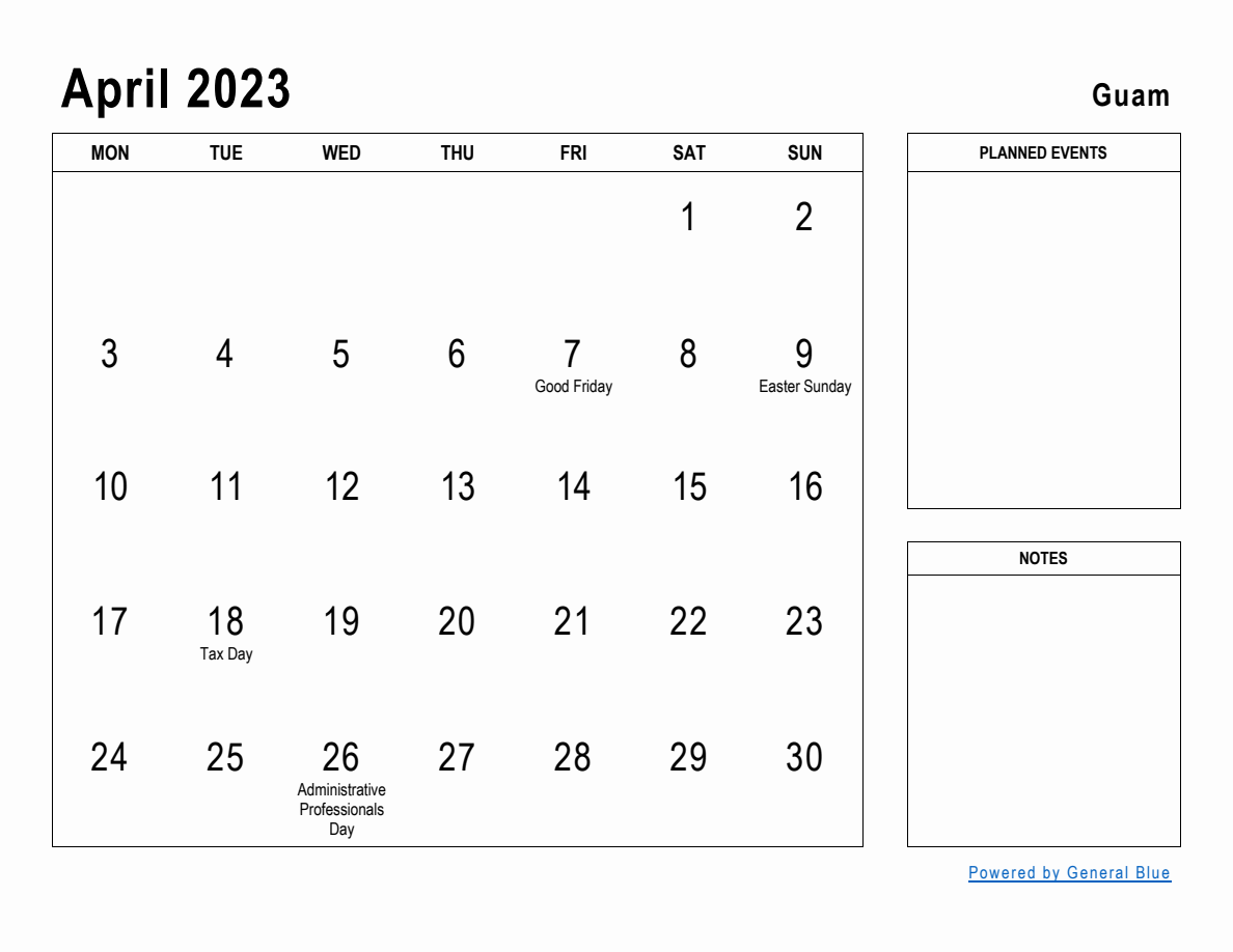 April 2023 Planner with Guam Holidays