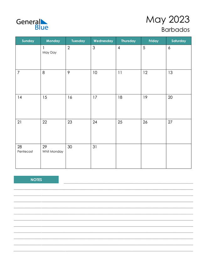 May 2023 Calendar with Barbados Holidays