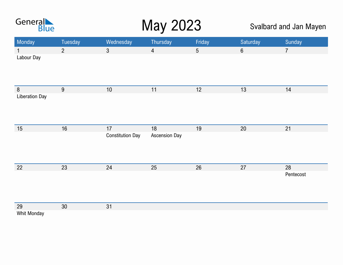 Editable May 2023 Calendar With Svalbard And Jan Mayen Holidays