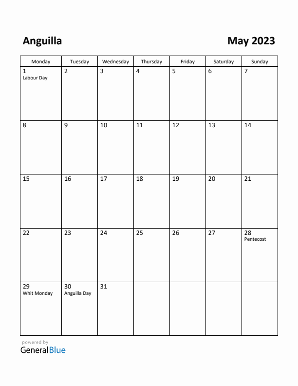 May 2023 Calendar with Anguilla Holidays
