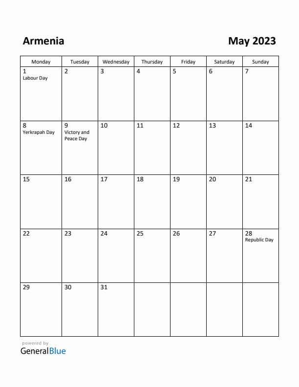 May 2023 Calendar with Armenia Holidays