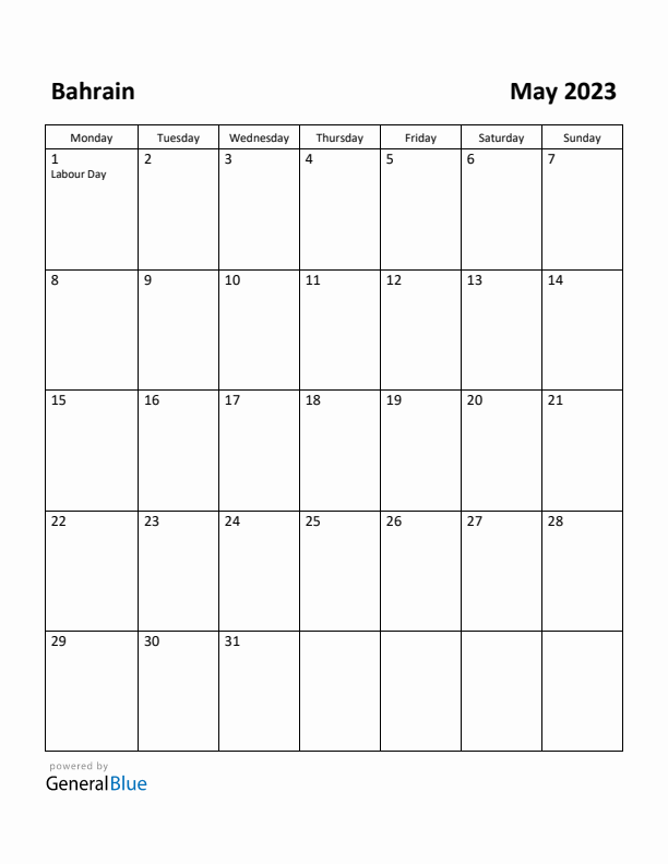 May 2023 Calendar with Bahrain Holidays