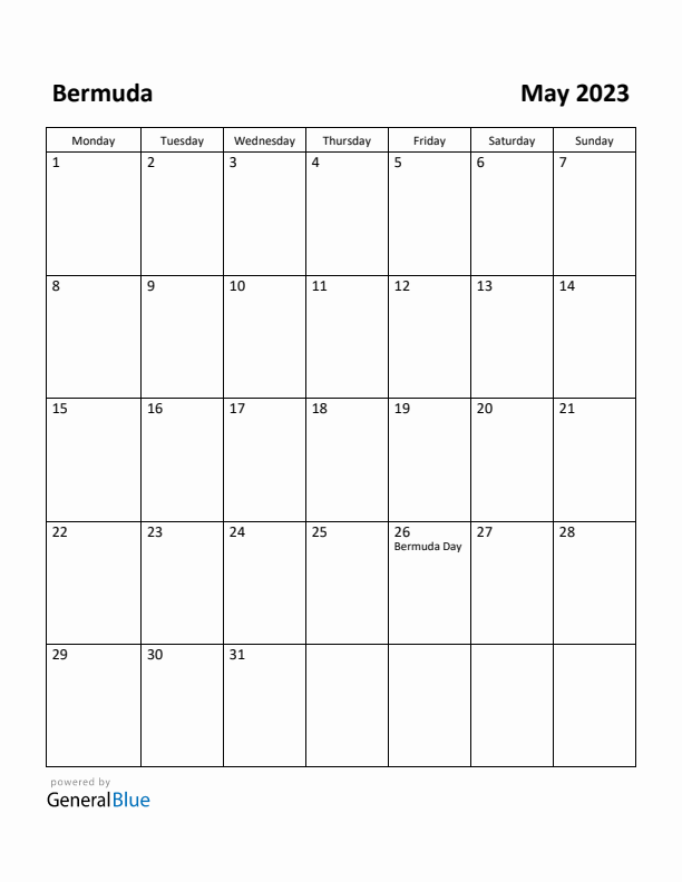 May 2023 Calendar with Bermuda Holidays