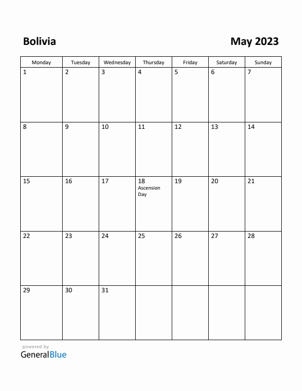 May 2023 Calendar with Bolivia Holidays
