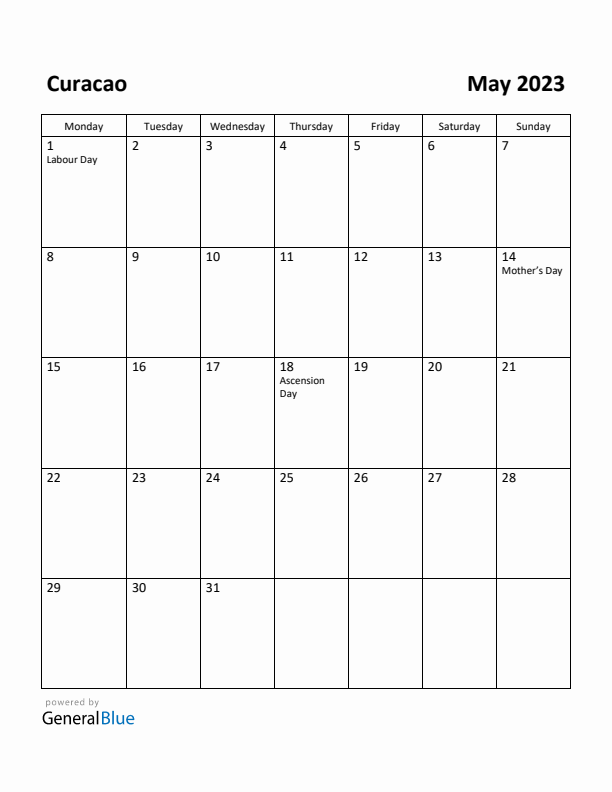 May 2023 Calendar with Curacao Holidays