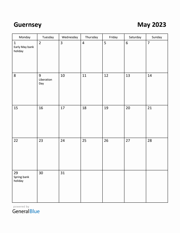 May 2023 Calendar with Guernsey Holidays