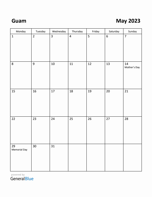 May 2023 Calendar with Guam Holidays