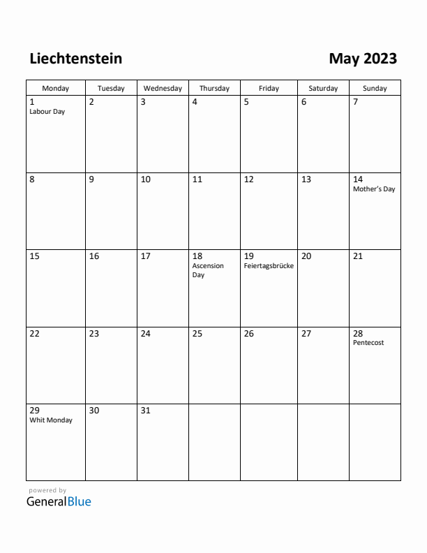 May 2023 Calendar with Liechtenstein Holidays