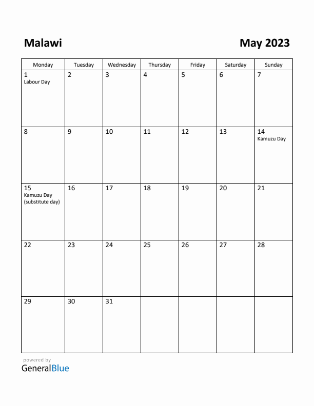 May 2023 Calendar with Malawi Holidays