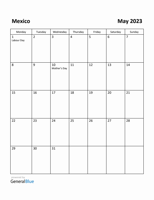 May 2023 Calendar with Mexico Holidays