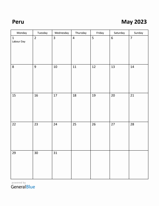May 2023 Calendar with Peru Holidays