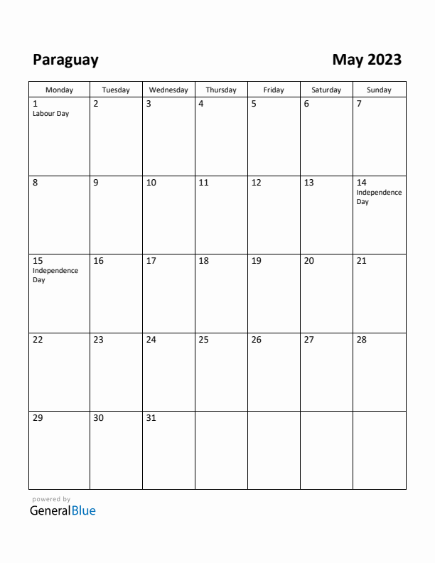 May 2023 Calendar with Paraguay Holidays