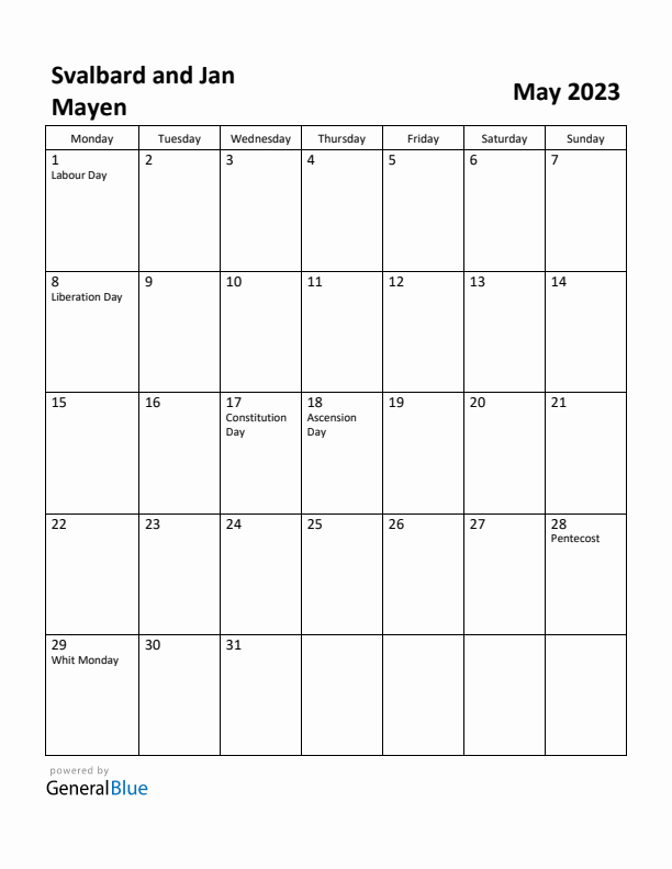 May 2023 Calendar with Svalbard and Jan Mayen Holidays