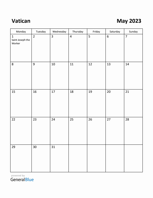 May 2023 Calendar with Vatican Holidays