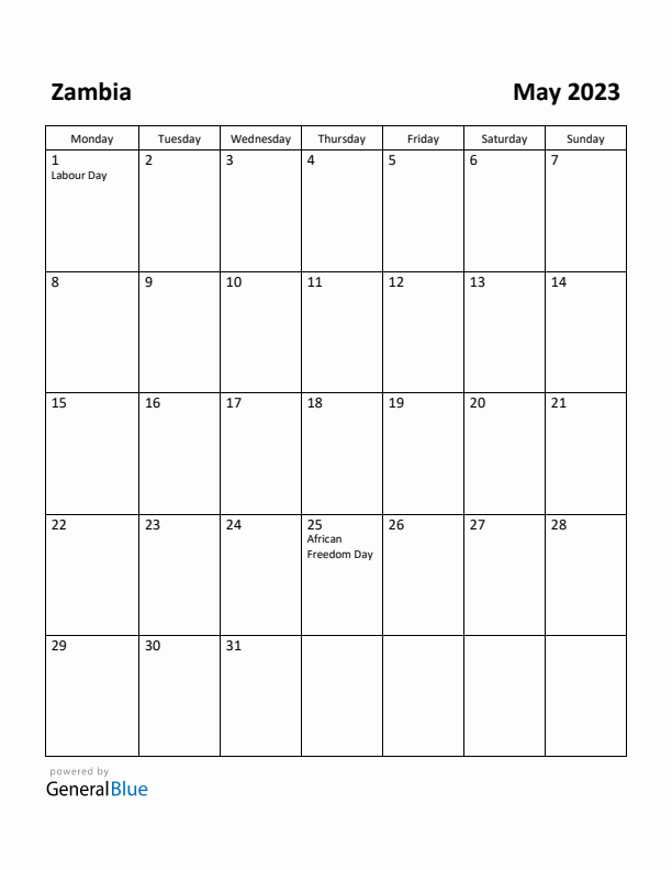 May 2023 Calendar with Zambia Holidays
