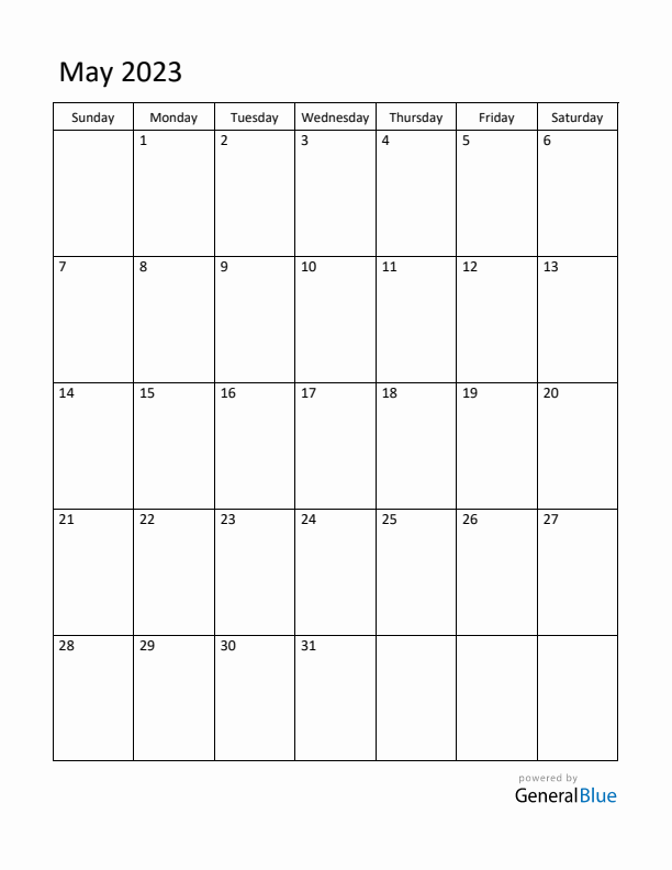 Sunday Start Calendar for May 2023