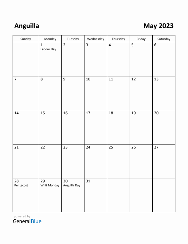 May 2023 Calendar with Anguilla Holidays