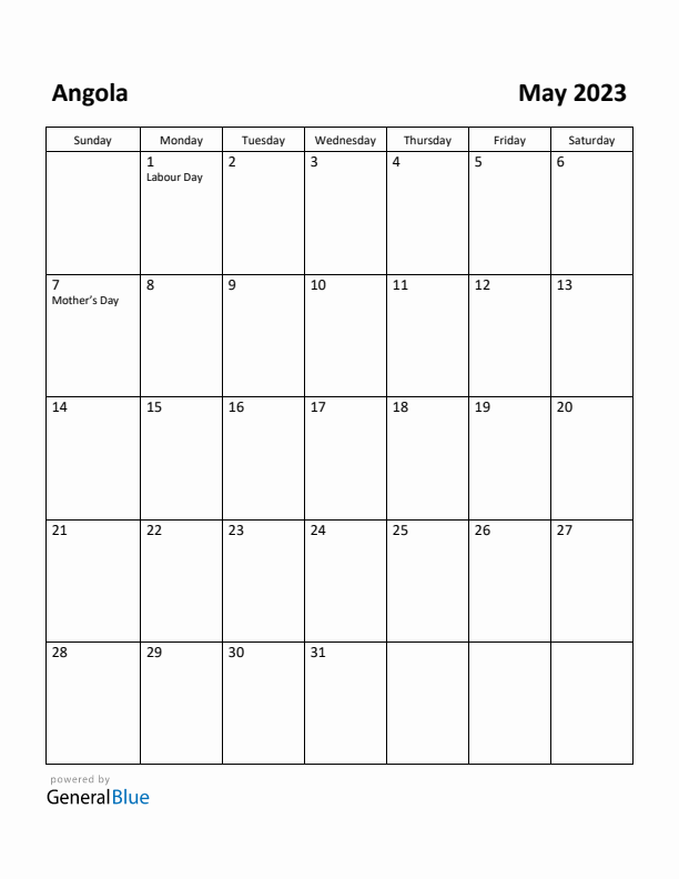 May 2023 Calendar with Angola Holidays