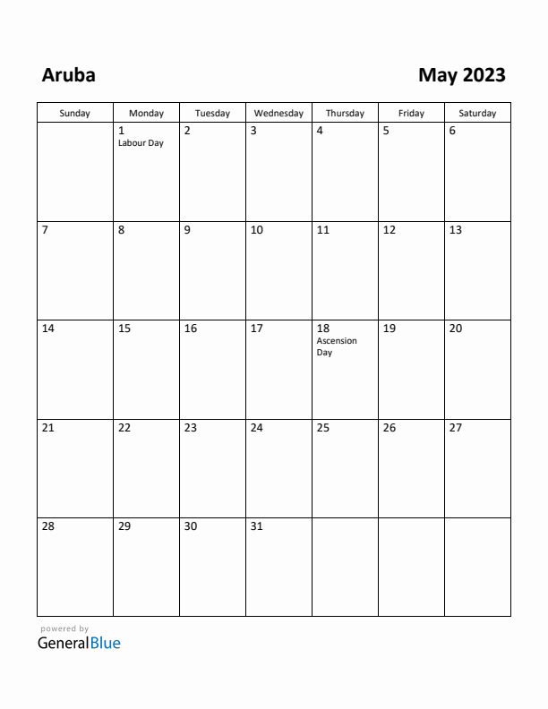 May 2023 Calendar with Aruba Holidays