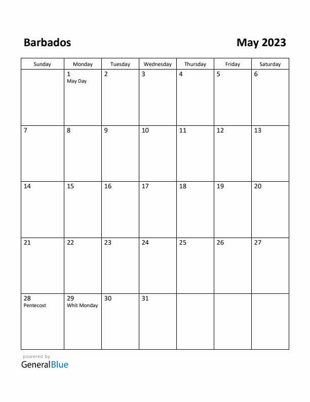 May 2023 Calendar with Barbados Holidays