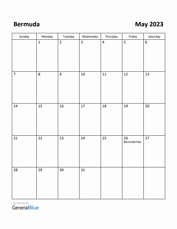 May 2023 Calendar with Bermuda Holidays
