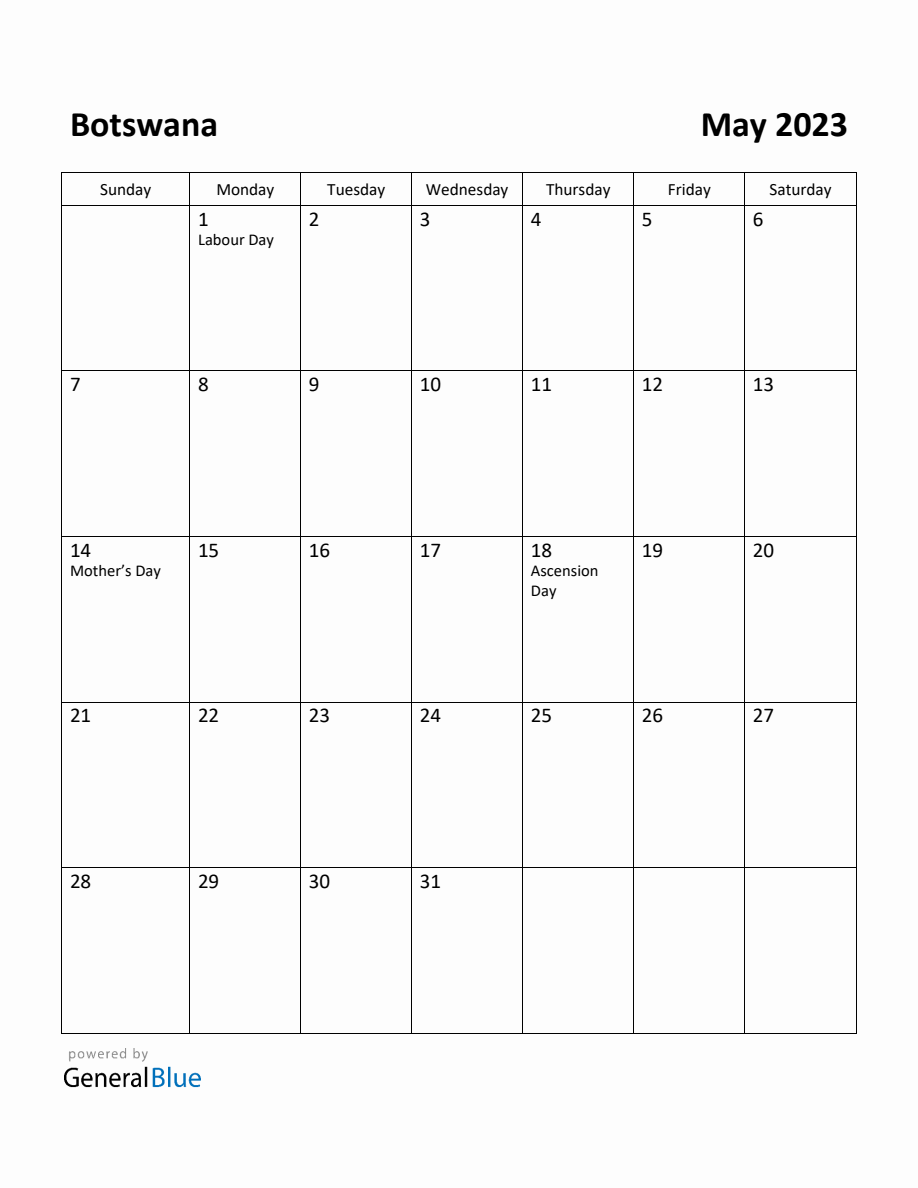 Free Printable May 2023 Calendar for Botswana